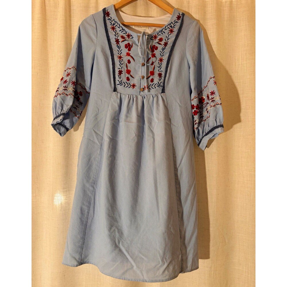 Adore Prairie Cottagecore Dress Blue A-Line Embroidered, 3/4 sleeve, Size L